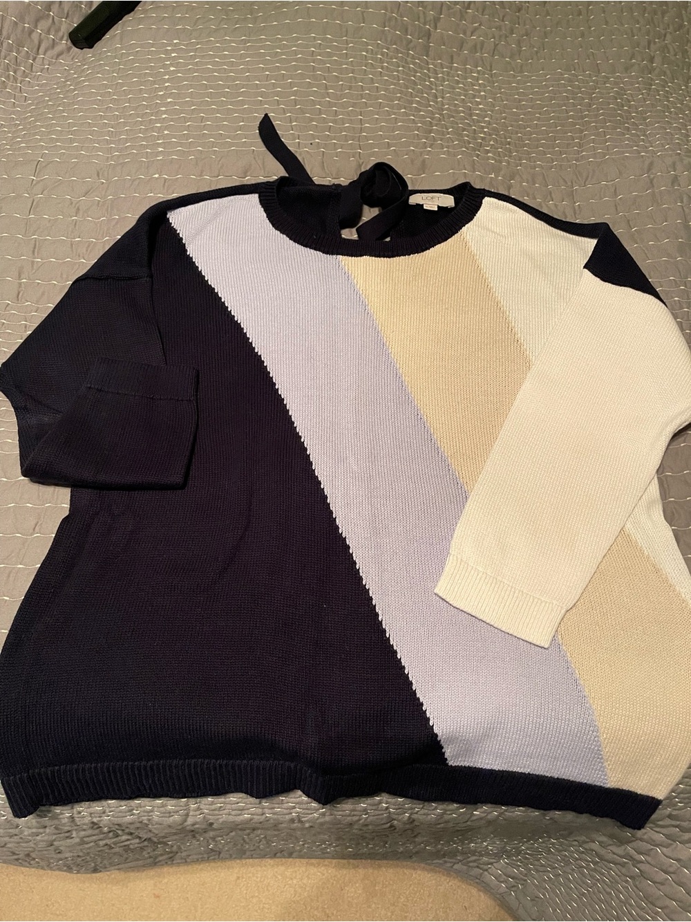 LOFT Diagonal Colorblock Crew Sweater — Navy, Light Blue, Cream